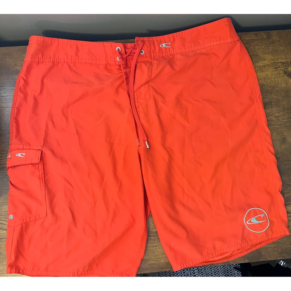 O'Neill Mens Orange Board Shorts Size 38 Cargo Pocket Swim Trunks Surfing